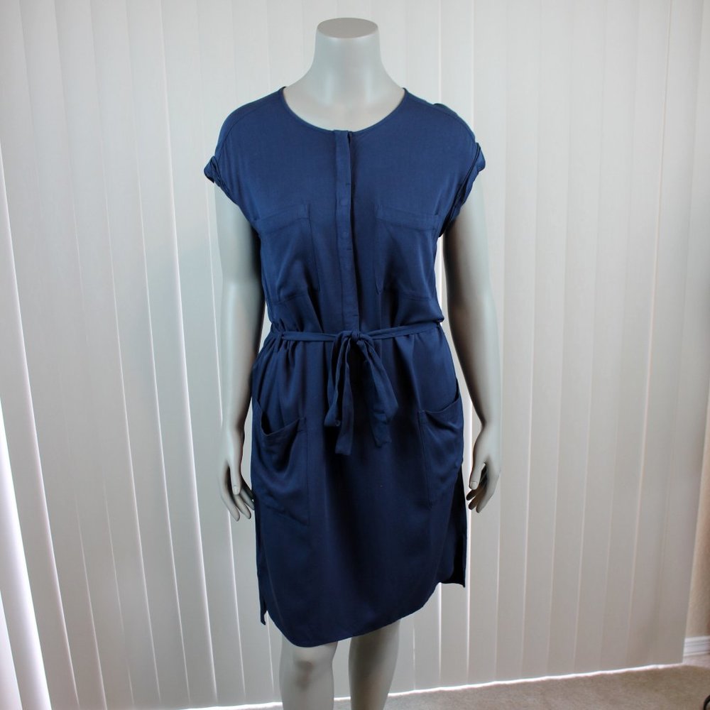 H&M Blue Shift Dress Size 14 Tie Waist Pockets Casual Work Minimalist